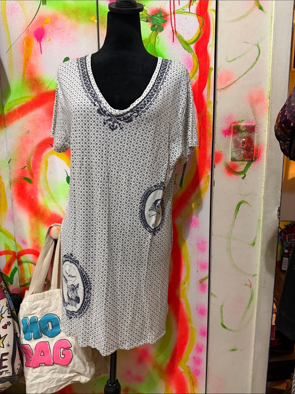 Twenty8Twelve White Dress with Navy Medallion Print